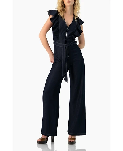 Ivonne Women's V-Neck Denim Like Wide-Leg Jumpsuit