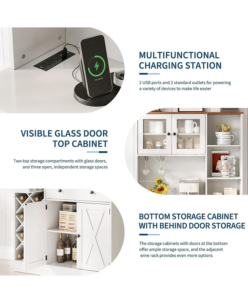 gaomon Coffee Bar Cabinet with Power Outlet & Exquisite Barn Doors, Sideboard Buffet Cabinet with Wine Bottle Rack, Storage Cabinet for Kitchen