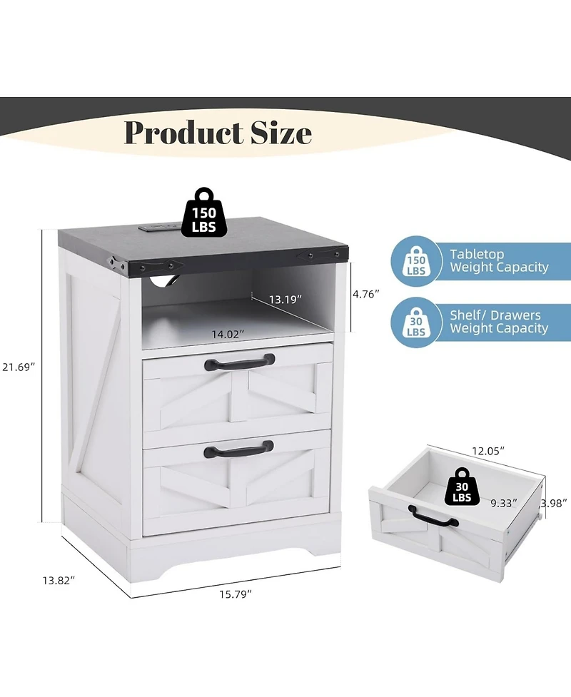 gaomon Modern Farmhouse Nightstand - Usb & Outlet Charging Station for Bedroom, 2 Drawer Industrial Bedside Table with Storage