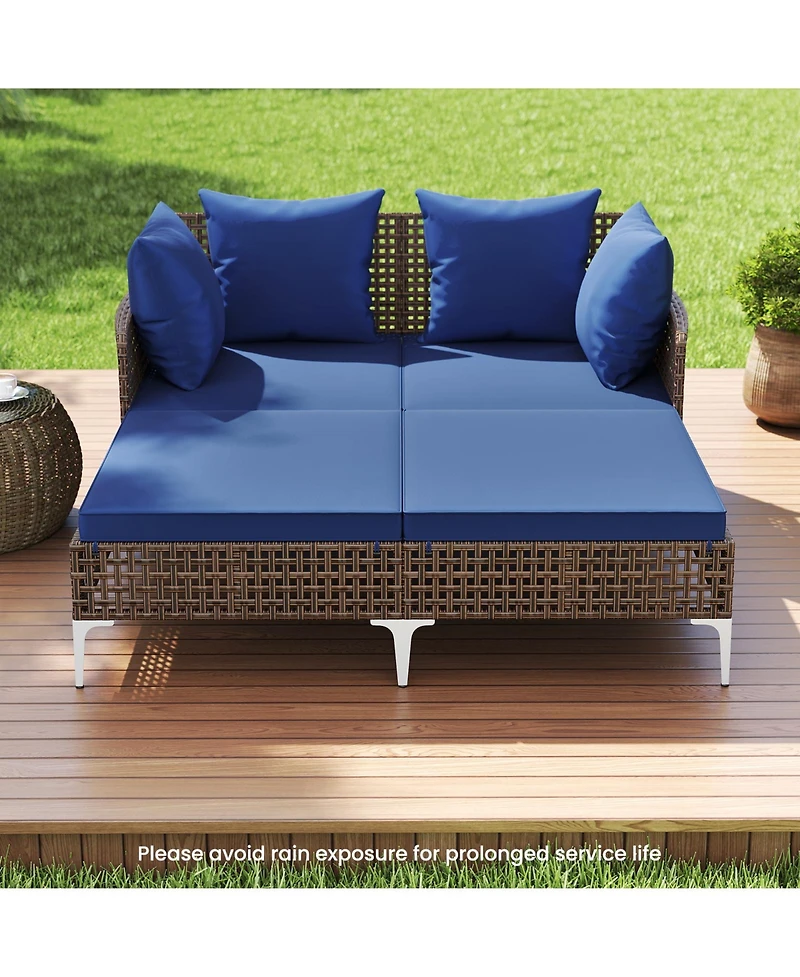 Sugift Outdoor Rattan Double Daybed Wicker Chaise Lounge