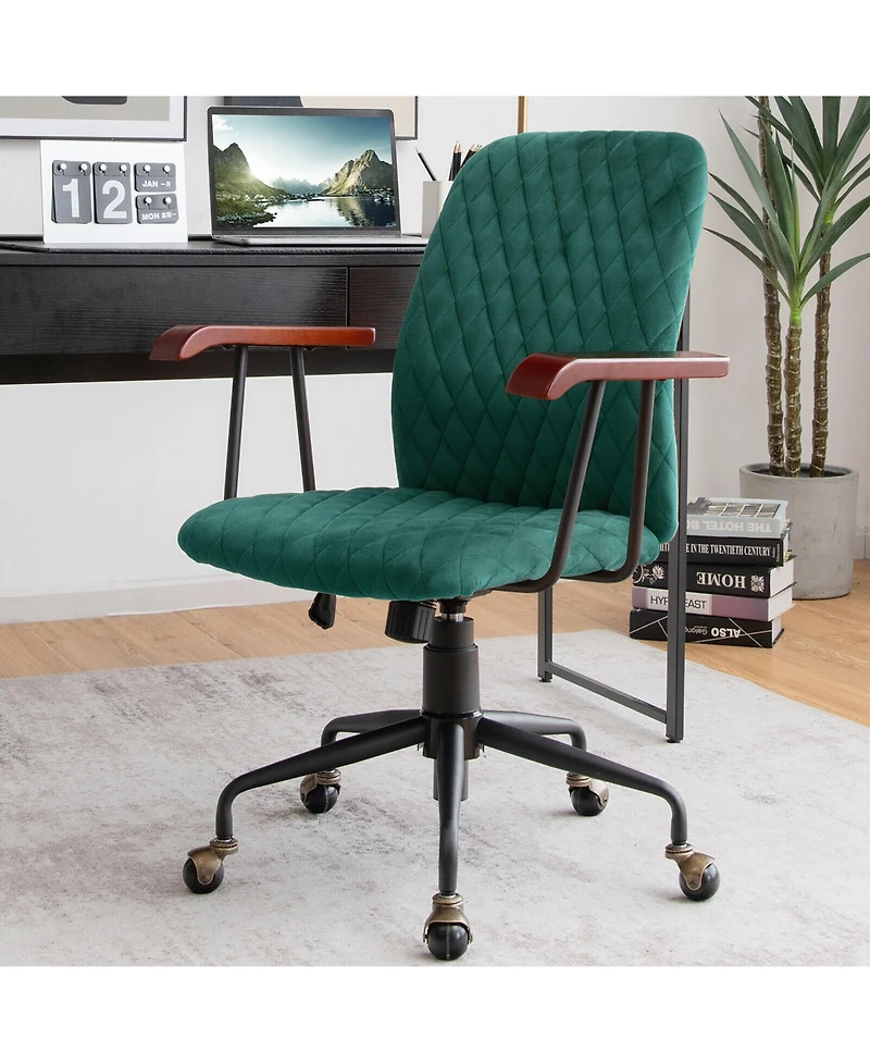 Sugift Velvet Home Office Chair with Wooden Armrests