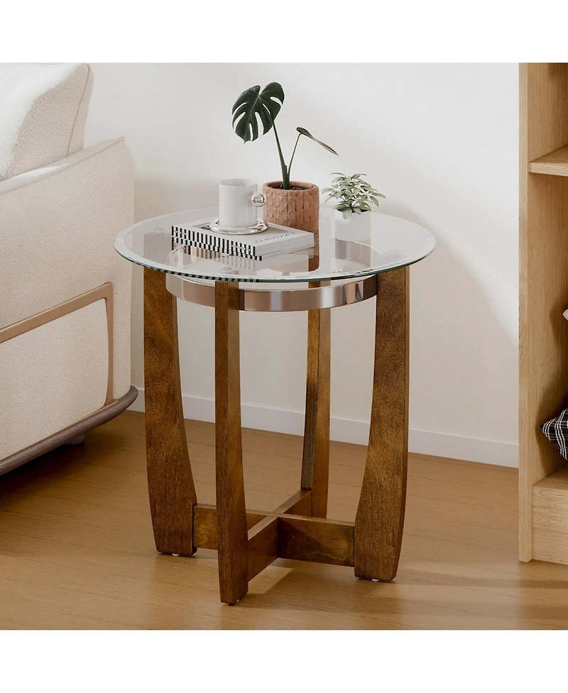 Sugift 24 Inches Round Side Table with Tempered Glass Top and Solid Rubber Wood Base-Walnut