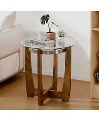 Sugift 24 Inches Round Side Table with Tempered Glass Top and Solid Rubber Wood Base-Walnut