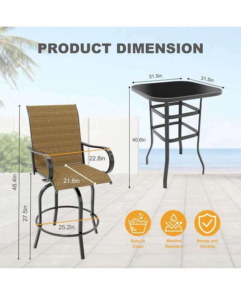 gaomon 5PCS Outdoor Swivel Bar Set with 4 Swivel Chairs and Glass Top Table, All Weather Textile Fabric Outdoor High Top Bar Set for Home, Backyard
