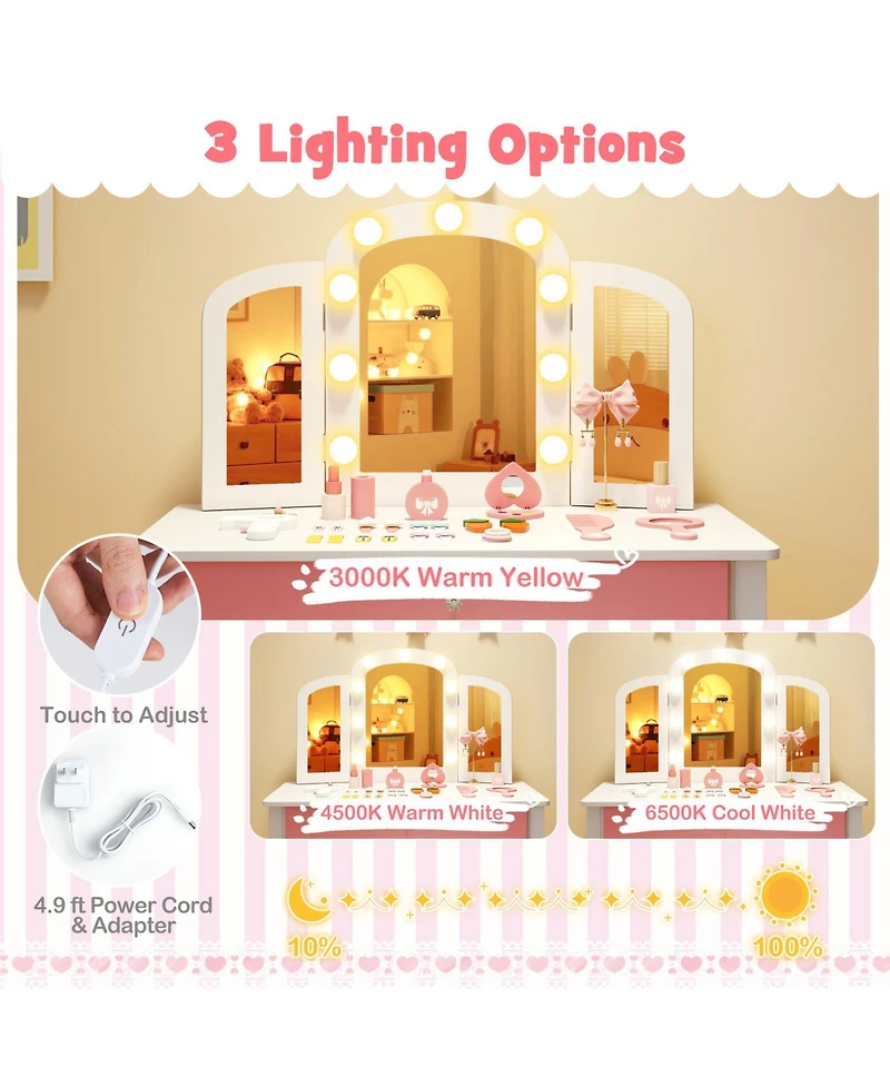 Sugift 2-in-1 Kids Vanity Table Set with Tri-Folding Detachable Mirror and Lights