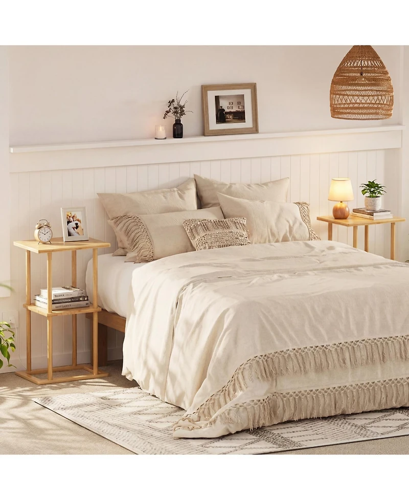 Sugift 2 Pieces Side Table with Storage Shelves and Bamboo Construction