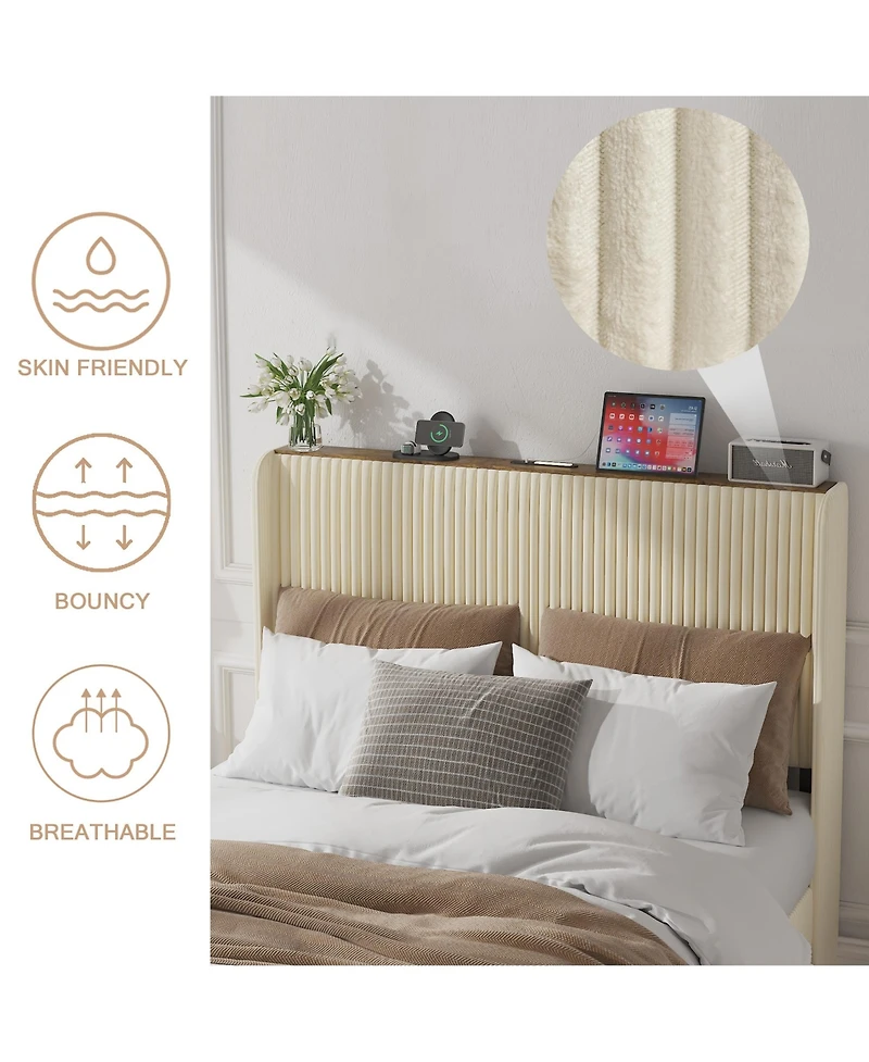 flynama Metal Platform Bed Beige Charging Station 2 Usb Ports Noise Free No Box Spring Needed