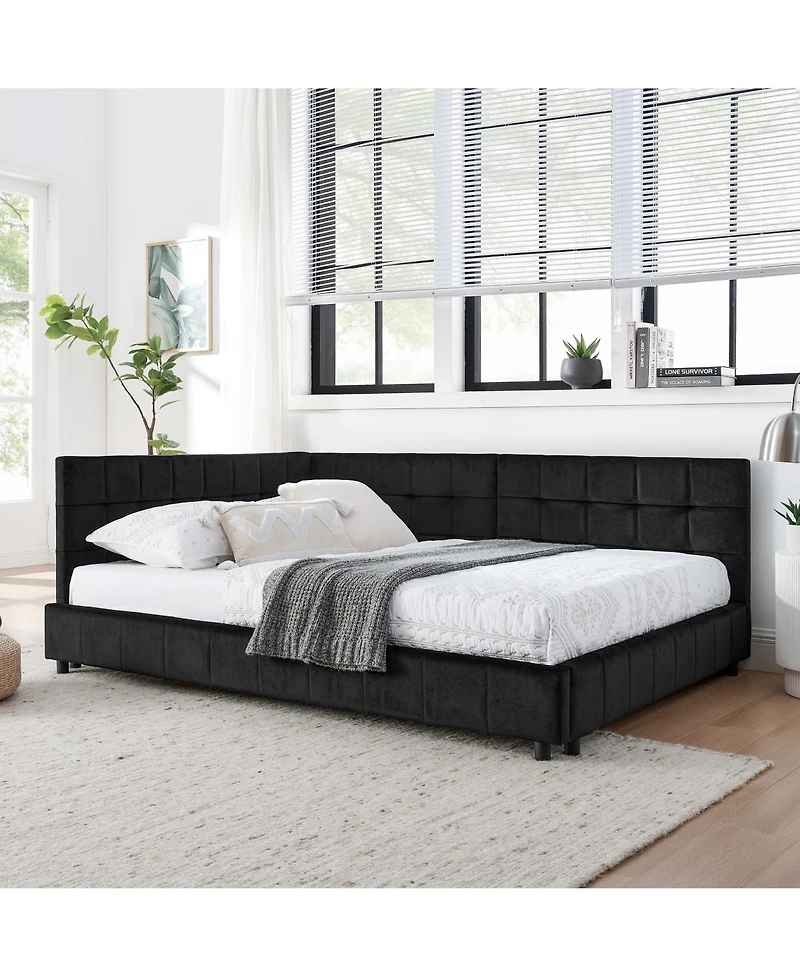 flynama Full Size Velvet Upholstered Daybed Black Mid Century Backrest Armrest Eucalyptus Wood