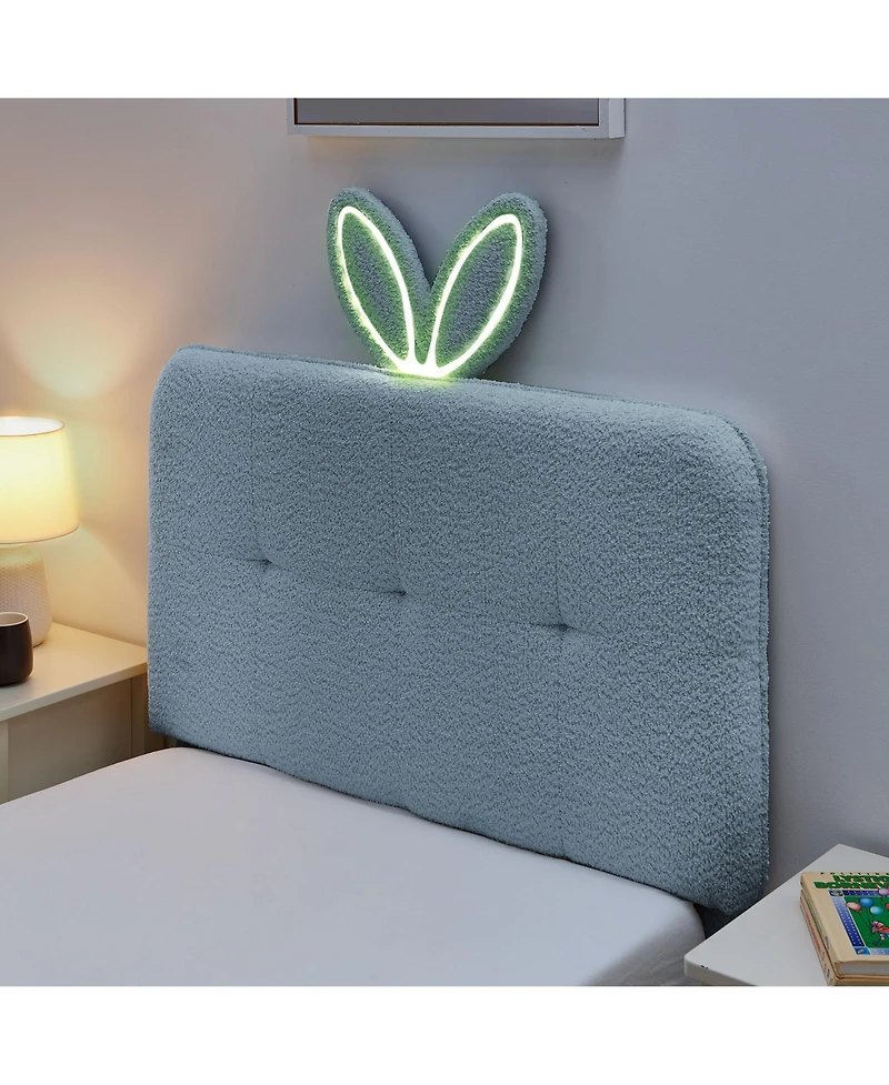 Rainsken Boucle Twin Size Kids Bed Frame, Upholstered Platform Bed with 4 Storage Drawers, Led Lights and Cute Rabbit Ear Headboard for Boys Girls