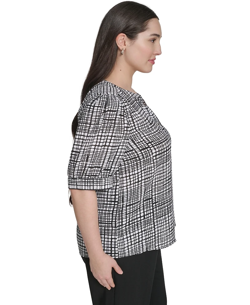 Calvin Klein Plus Printed Short-Sleeve Button-Down Blouse