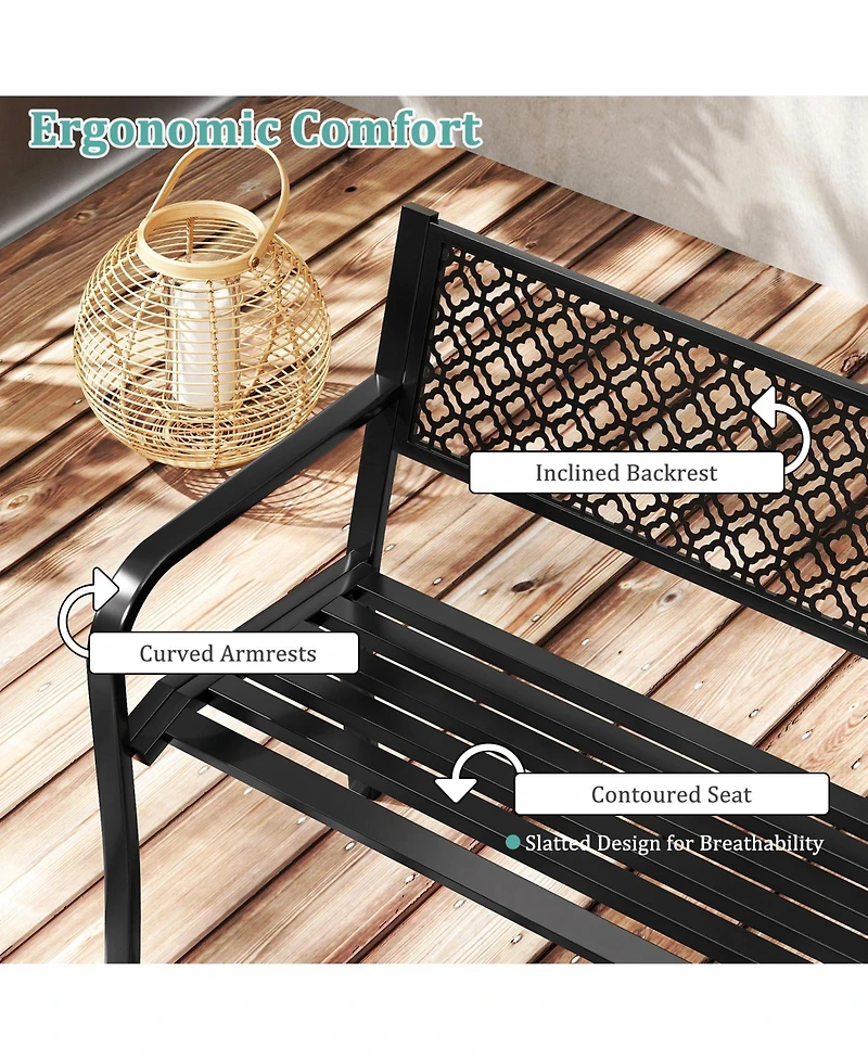 Sugift 50 Inches Outdoor Garden Bench with Geometric Lattice Backrest and Slatted Seat