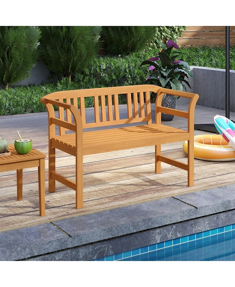 Sugift Acacia Wood 2-Person Patio Loveseat with Backrest and Armrests