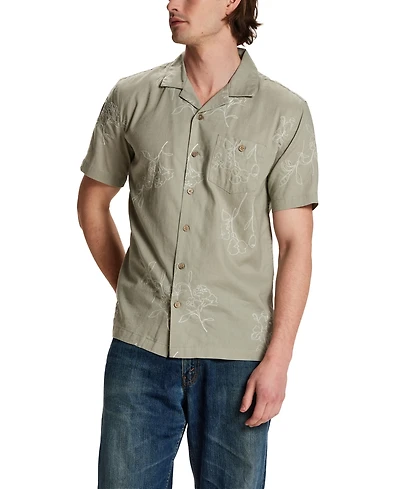 Weatherproof Vintage Men's Short-Sleeve Linen-Cotton Embroidered Floral Shirt