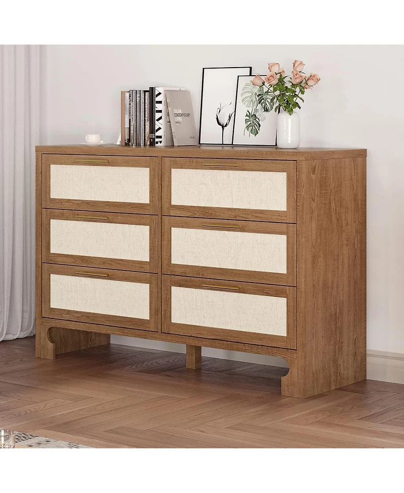 gaomon 6 Drawer Burlap Dresser Mid Century Modern Wooden Storage Chest Wide Boho Dresser for Bedroom Living Room