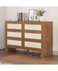 gaomon 6 Drawer Burlap Dresser Mid Century Modern Wooden Storage Chest Wide Boho Dresser for Bedroom Living Room