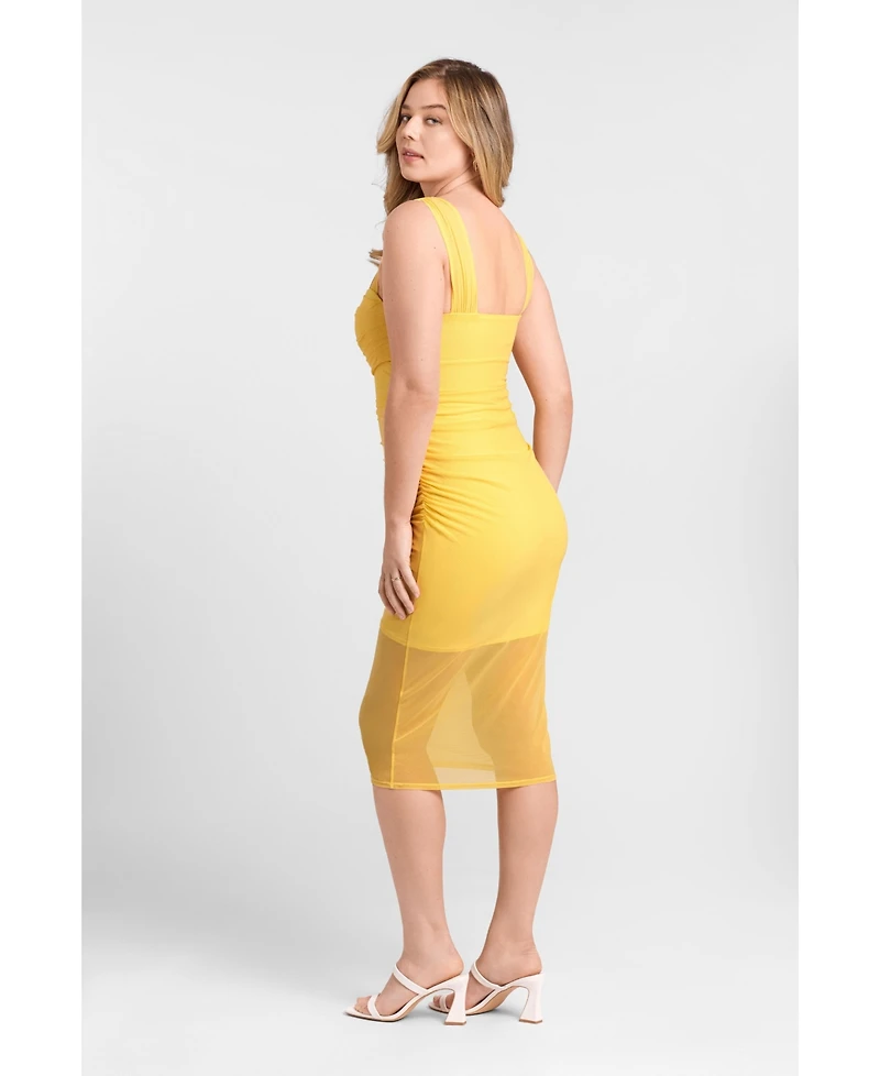 S3 Apparel Women's Draped Mesh Sculpting Midi Dress with Built-In Shapewear