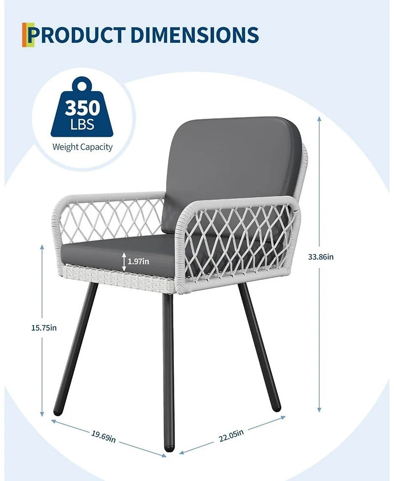 gaomon Set of 2 Patio Dining Chairs with Metal Frame and Hand-Woven Rattan, Cushioned Porch Armchairs