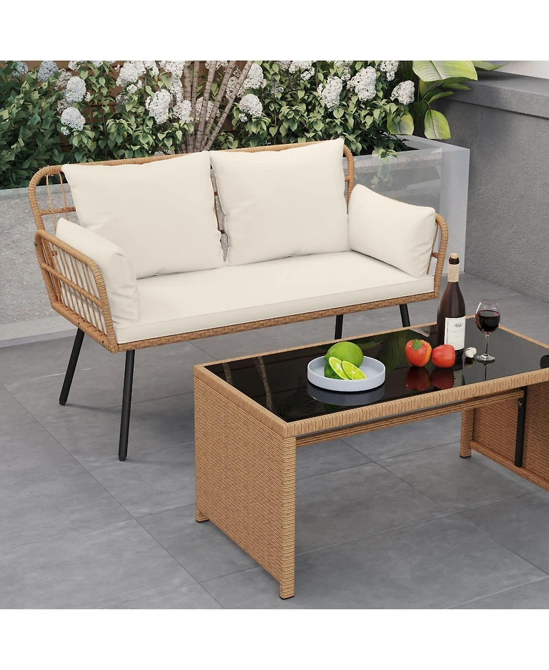 Sugift Outdoor Rattan Two Seat Chair with Cushions and Metal Legs