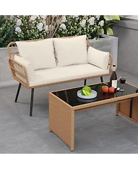 Sugift Outdoor Rattan Two Seat Chair with Cushions and Metal Legs