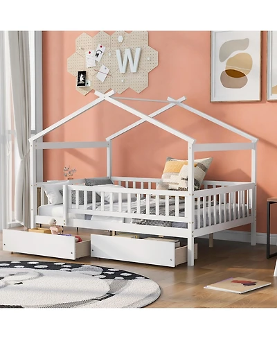 flynama Full Size Wooden House Bed Two Drawers