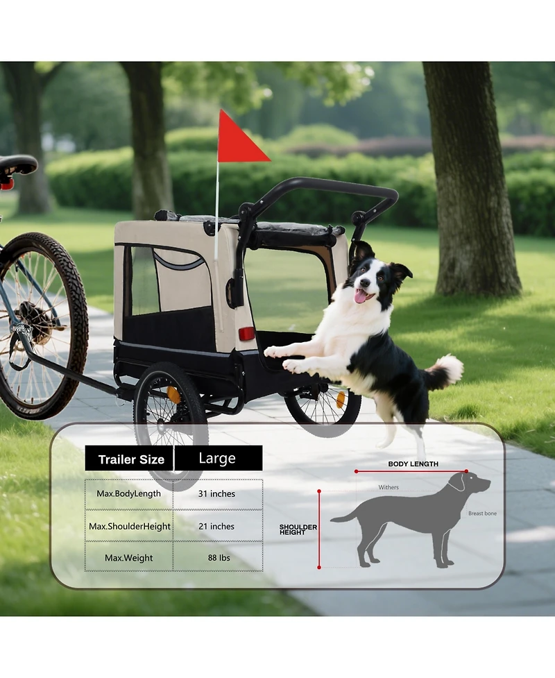 Aostirmotor Extra Large 2-in-1 Bike Trailer and Push Cart for Pets with Detachable Hitch, Beige