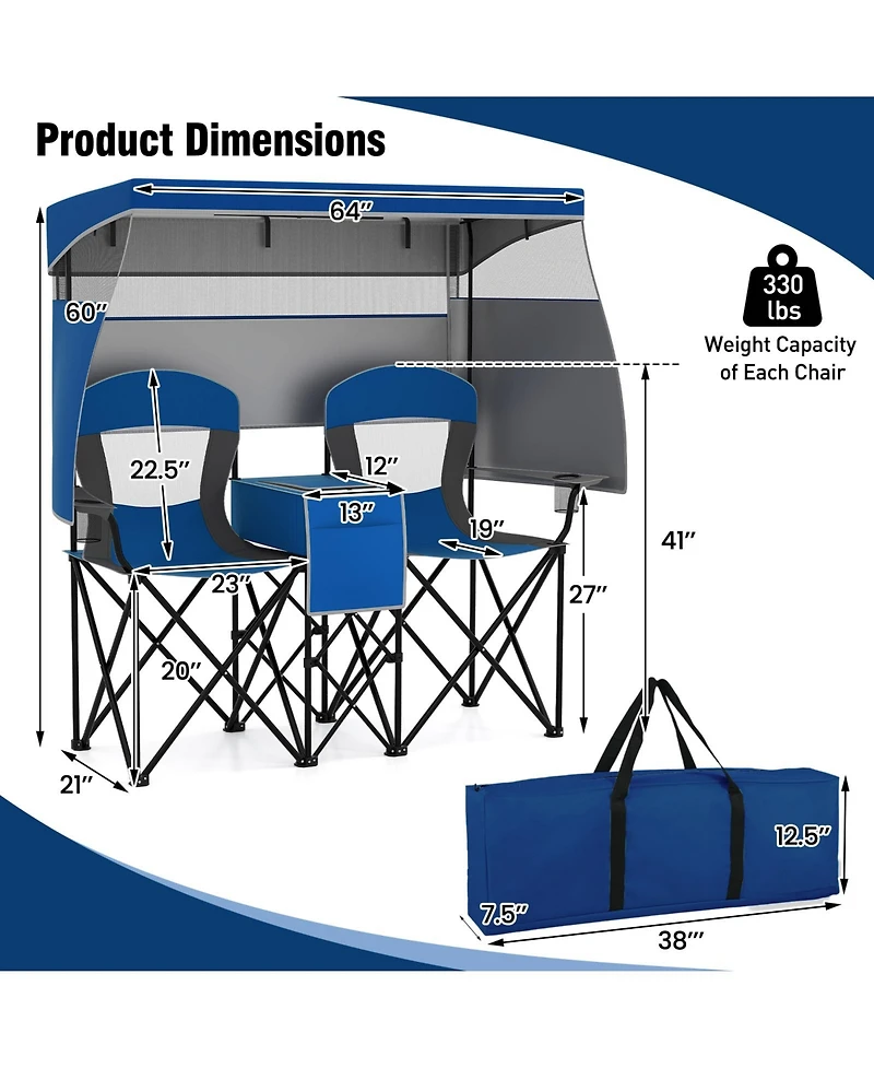 Sugift Double Beach Chair with Adjustable Canopy and Side Curtains