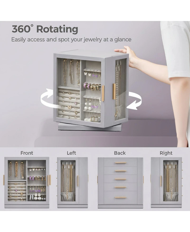 YIGII360degree(s) Rotating Jewelry Organizer 5 Drawers Glass Window Dustproof Moisture Resistant
