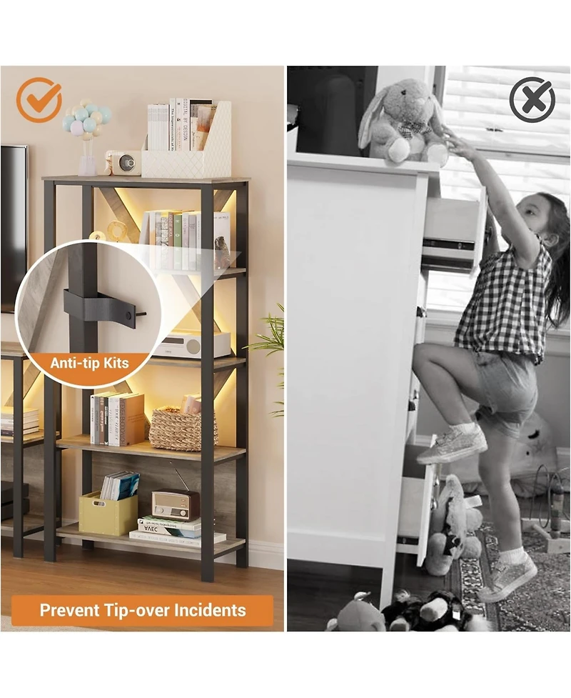 gaomon 3-Tier Bookshelf with Led Lights, Industrial Metal Bookcase, Open Shelf Organizer for Living Room, Bedroom, Office