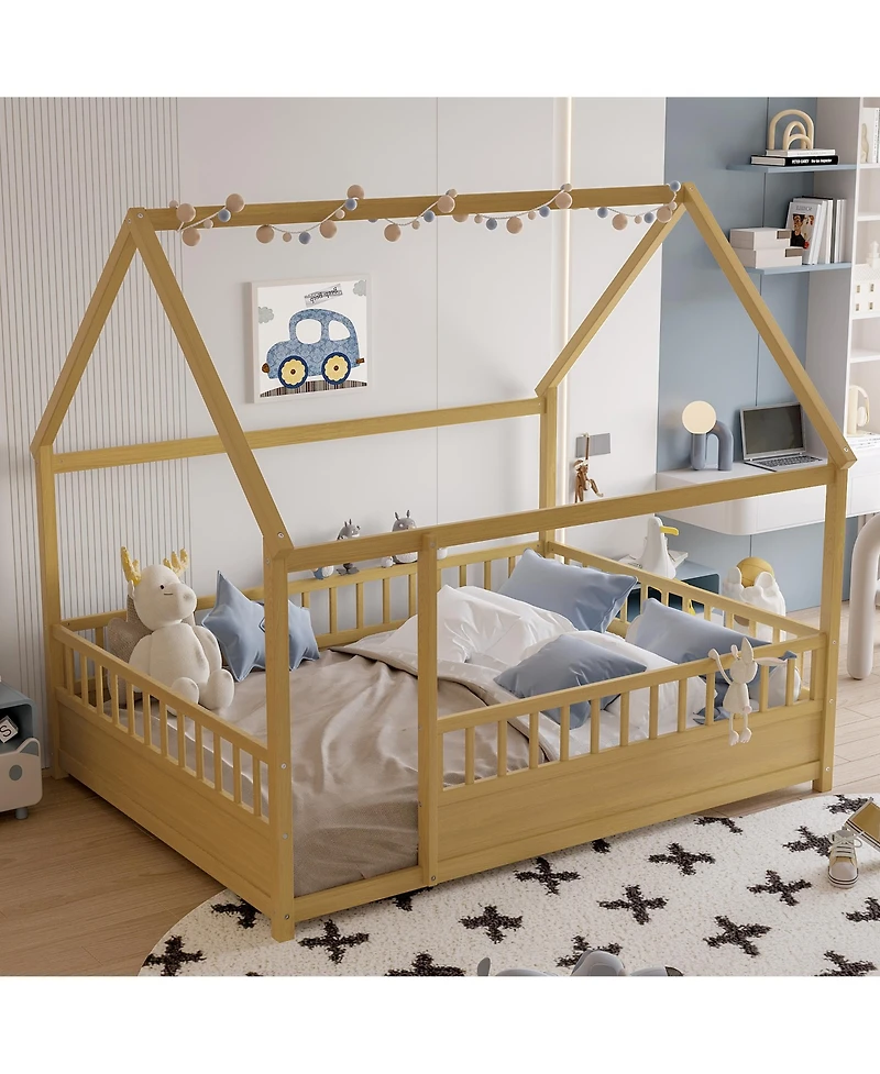flynama Wooden Floor Bed With House Roof Frame And Fence Guardrails Natural For Kids