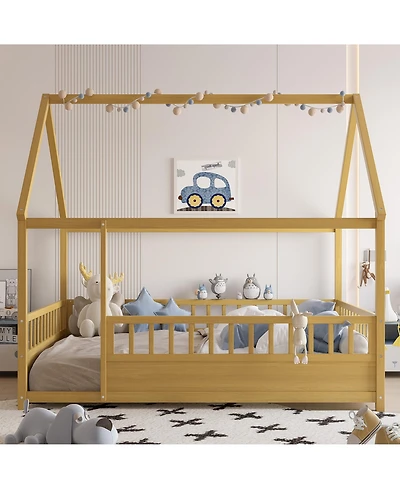 flynama Wooden Floor Bed With House Roof Frame And Fence Guardrails Natural For Kids