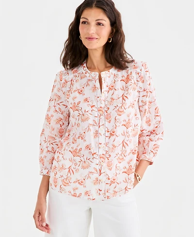 Style & Co Women's Cotton Button-Front 3/4-Sleeve Top, Macy's Exclusive