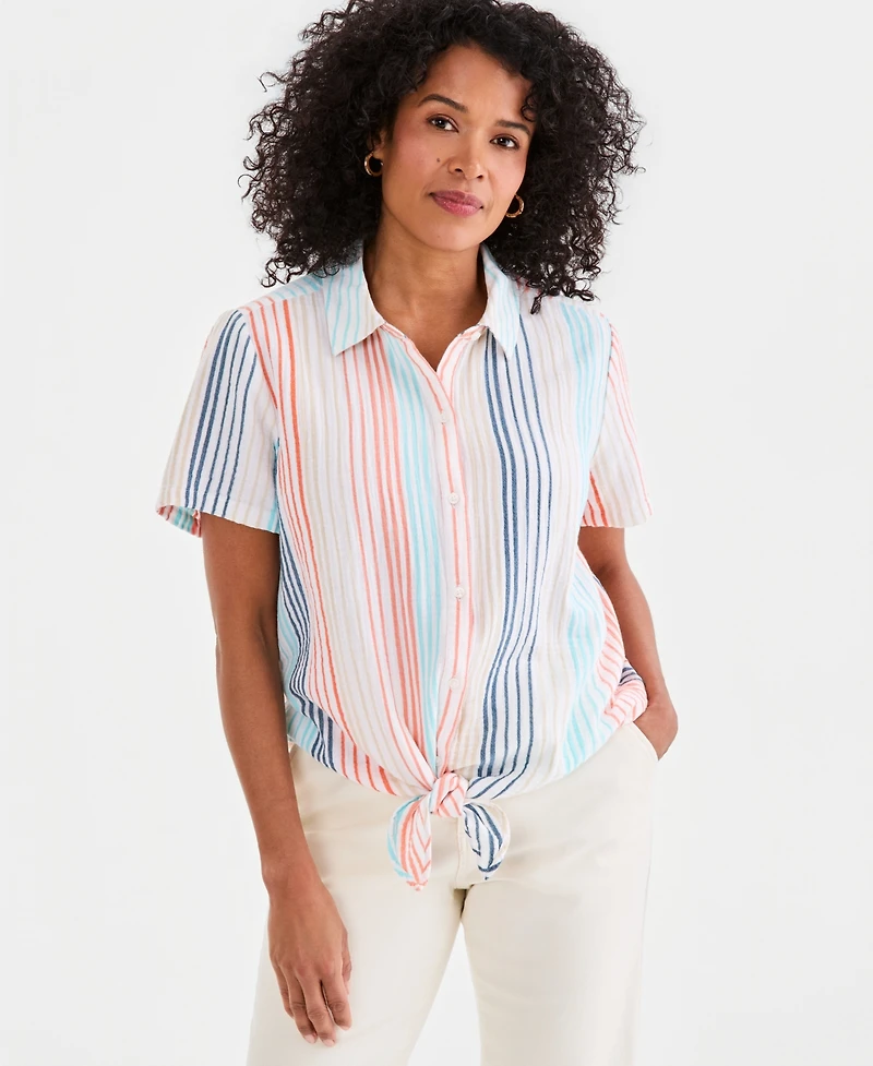 Style & Co Women's Striped Cotton Gauze Tie-Front Top, Macy's Exclusive