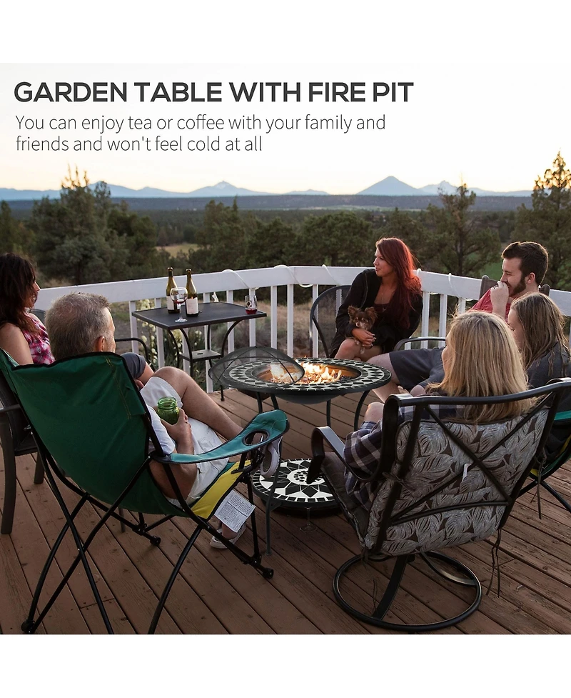 Outsunny 30" Outdoor Fire Pit & Ice Bucket & Side Table, Round Tile Tabletop, Steel Wood Burning Bowl, Spark Screen Lid for Patio, Backyard, Patio, Ga