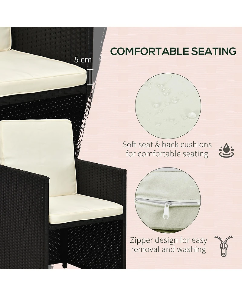 Outsunny 9 Piece Patio Wicker Dining Sets, Space Saving Outdoor Sectional Conversation Set, with Dining Table, Ottoman and Chair & Cushioned for Lawn