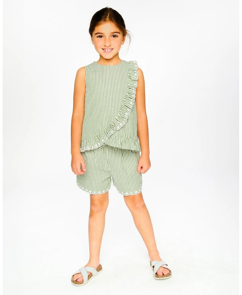 Deux par Deux Little Girls Top Stripes with Embroidered Ruffle