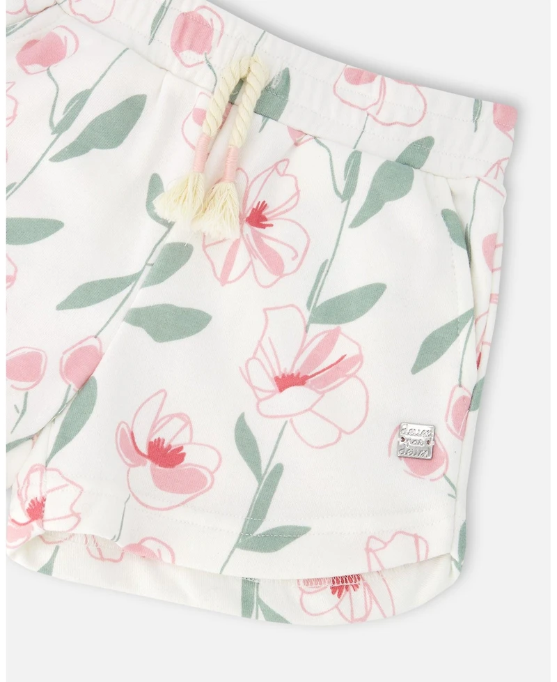 Deux par Deux Little Girls French Terry Shorts Off White Printed Flowers