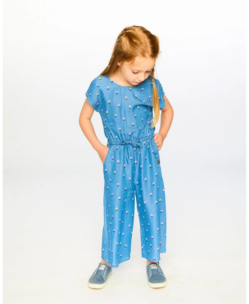 Deux par Deux Little Girls 4–16 Chambray Floral-Print Jumpsuit