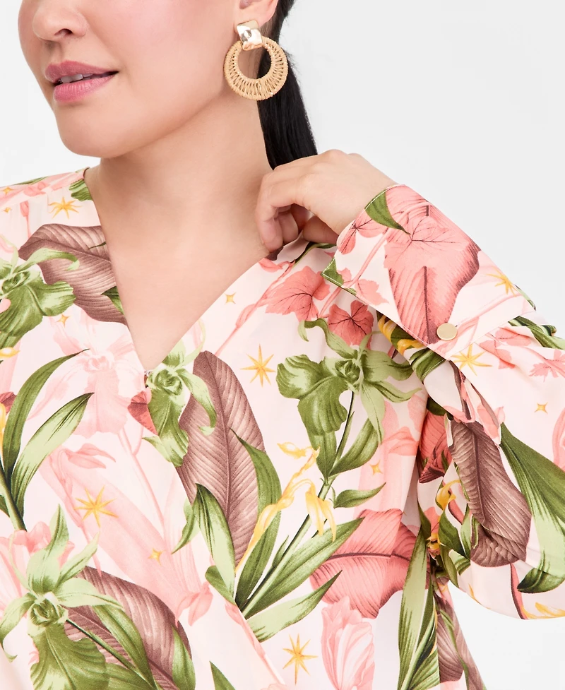 I.n.c. International Concepts Plus Printed Surplice Long-Sleeve Blouse, Macy's Exclusive