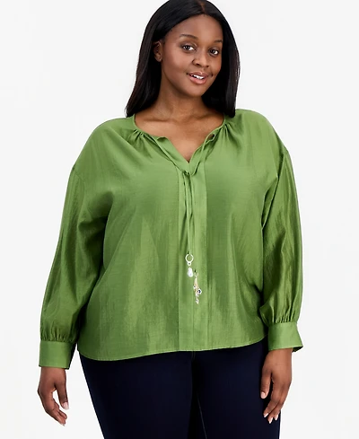 I.n.c. International Concepts Plus Embellished Tie-Neck Long-Sleeve Blouse, Macy's Exclusive