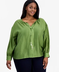 I.n.c. International Concepts Plus Embellished Tie-Neck Long-Sleeve Blouse, Macy's Exclusive