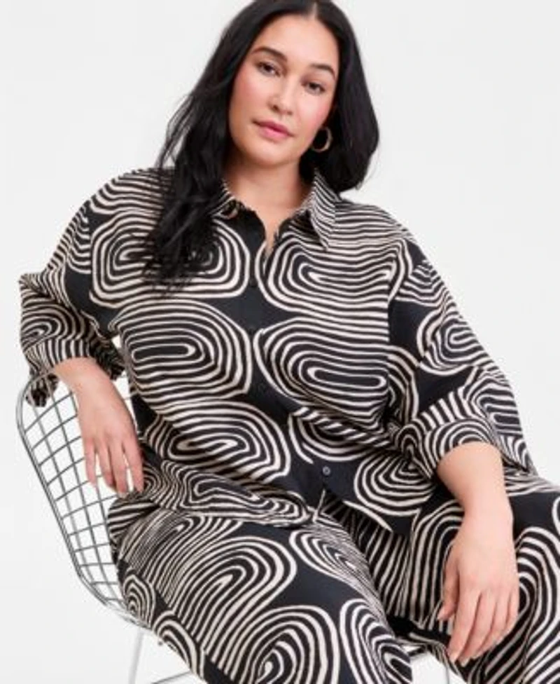 I.N.C. International Concepts Plus Size Printed 3 4 Sleeve Button Front Shirt Printed High Rise Wide Leg Pants Macys Exclusive