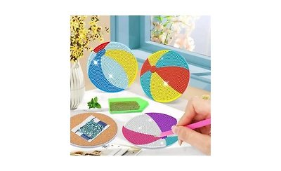 JDiction Diy Beach Ball Diamond Painting Coasters (6 Pcs) with Holder, Non-Slip Cork Base, Ideal for Home Decor and Gifting
