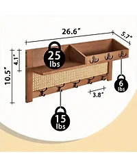 Yigii Pine & Rattan Wall Organizer - Decorative Storage for Coats & Keys