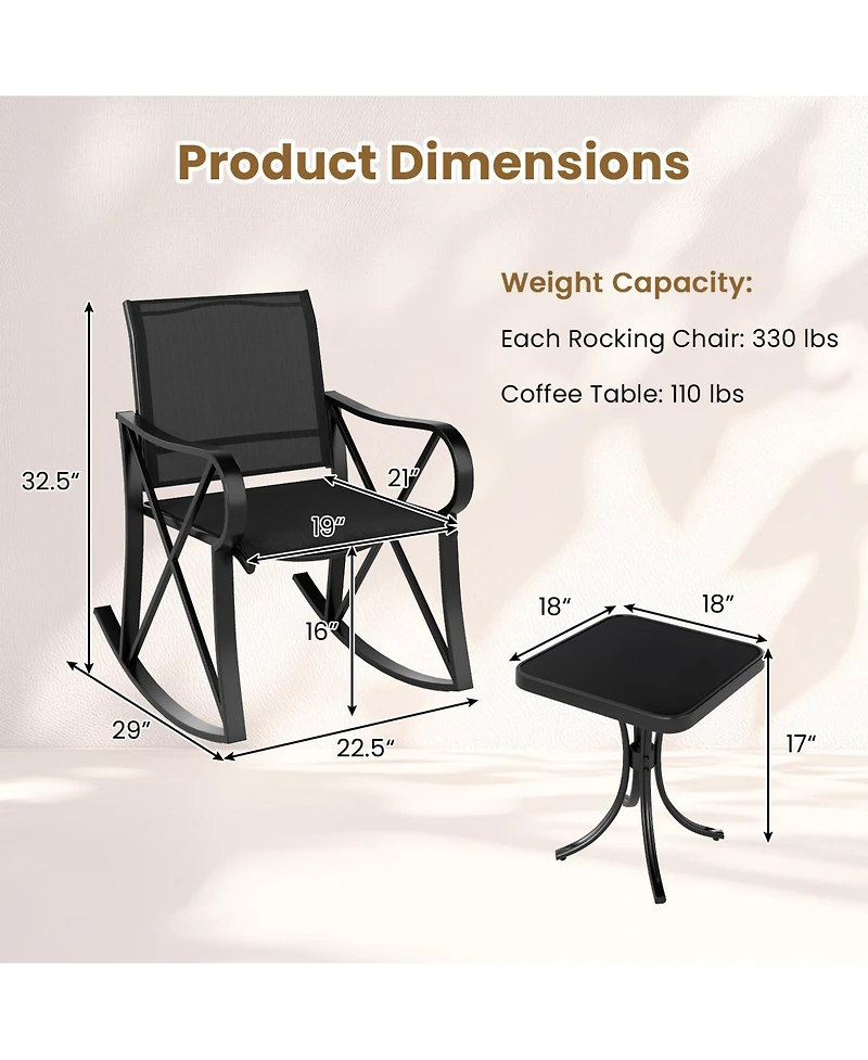 Gouun 3-Piece Patio Rocking Chair Set with Tempered Glass Side Table