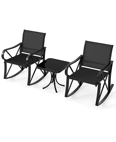 Gouun 3-Piece Patio Rocking Chair Set with Tempered Glass Side Table