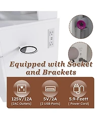 Rainsken Makeup Vanity Set with Storage Stool, Dressing Table with Led Mirror Lights, Power Outlet Charging Station, Drawers and Cabinets for Bedroom