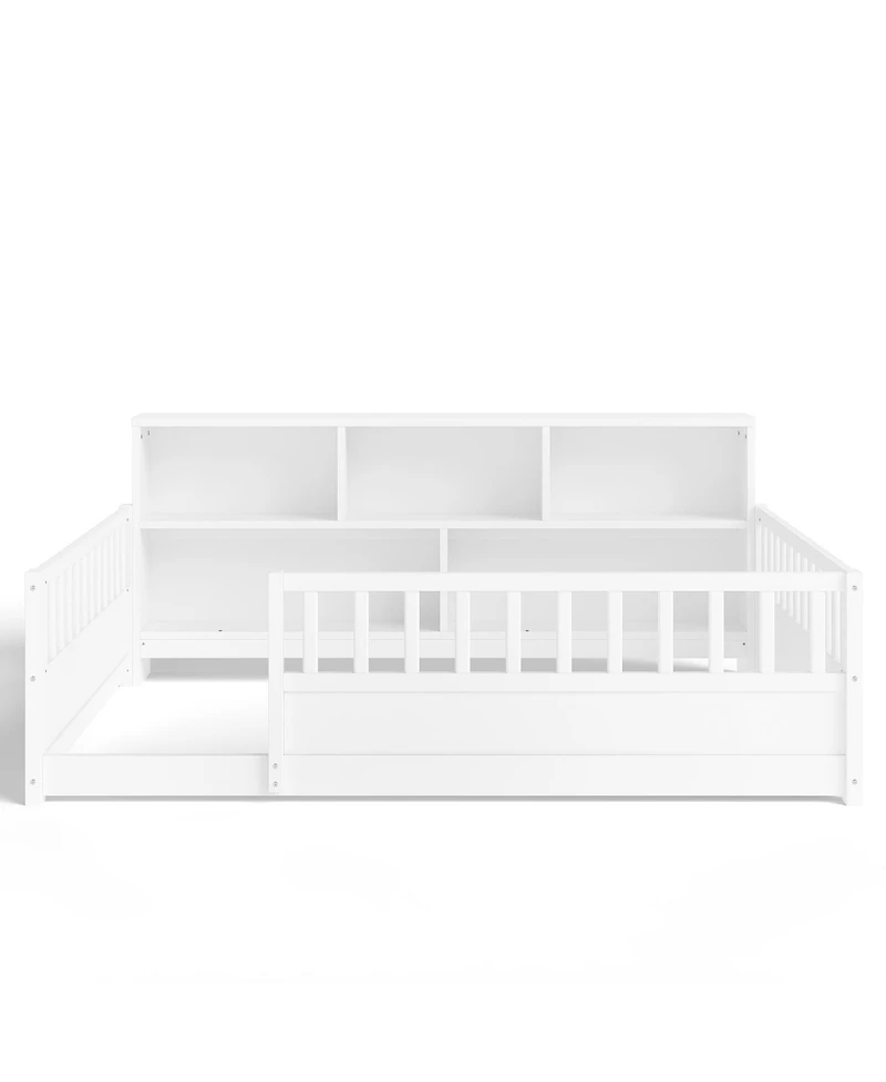 Rainsken Full Size Montessori Floor Bed Frame, Low Profile Wooden Bed with Bookcase Storage and Safety Guardrails for Boys and Girls