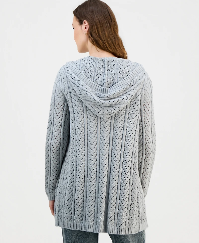 Hippie Rose Juniors' Open-Front Pointelle-Knit Hooded Cardigan
