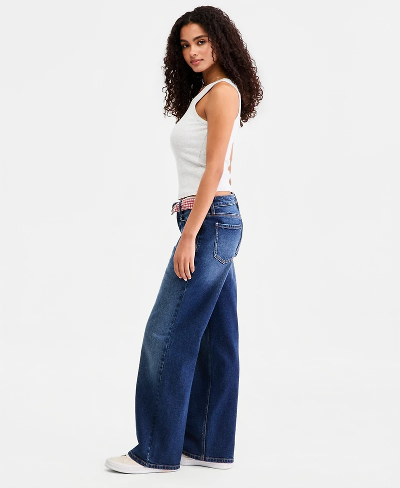 Celebrity Pink Juniors' Gingham Foldover-Waist Denim Jeans