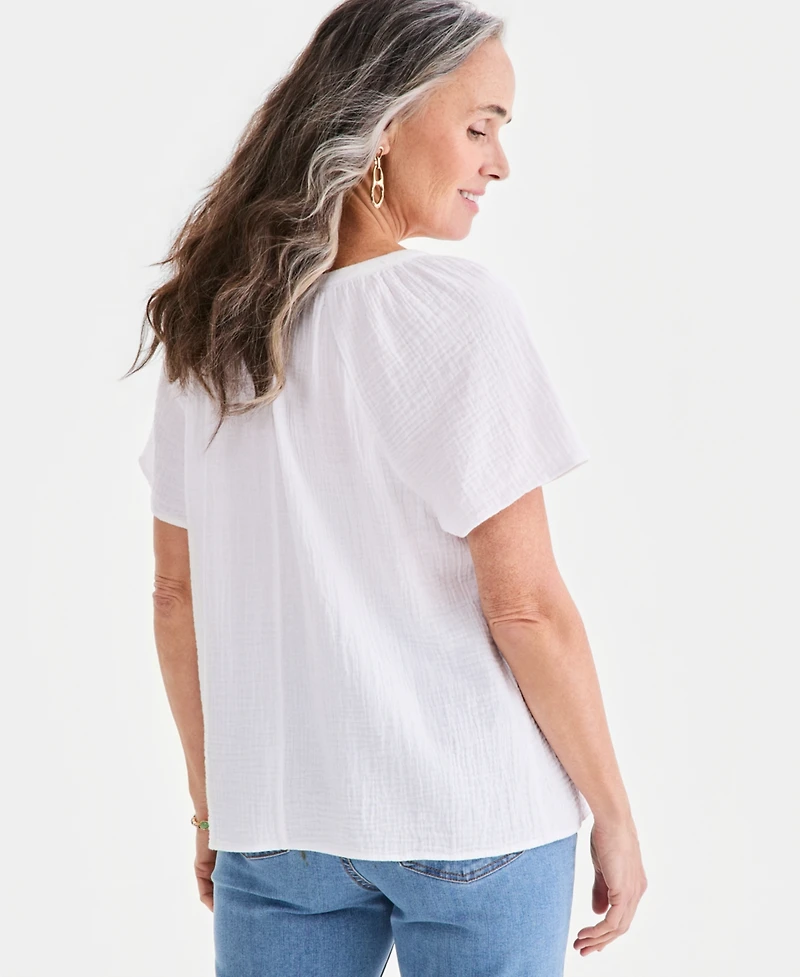 Style & Co Petite Solid Gauge Flutter Short-Sleeve Cotton Top, Macy's Exclusive